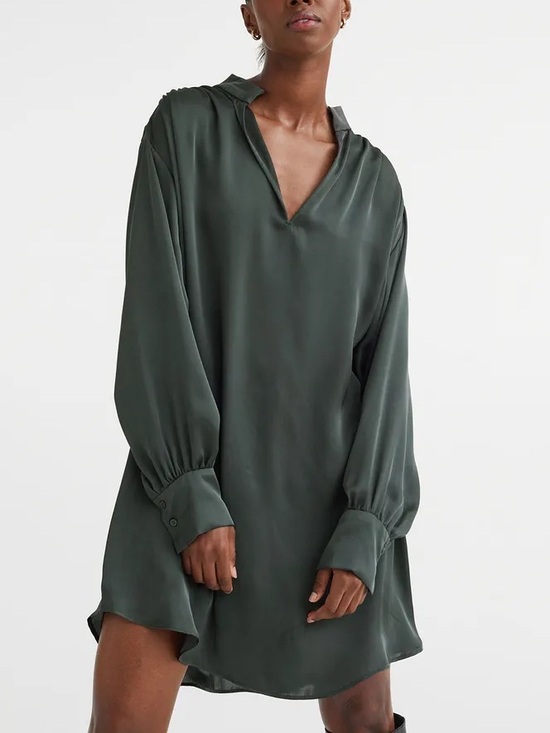 H&M Dresses & Skirts - H&M| Deep Green Satin V-Neck Long Sleeve Oversized Tunic Shirt Dress Sz XXL